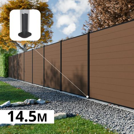 Kit Clôture Composite RIO Bronze 14,5x1,8m - Bois composite & Aluminium - Poteaux sur Platines Noir - Brise vue