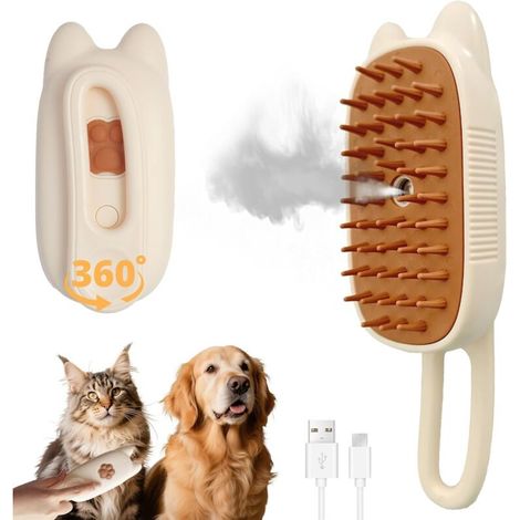 Brosse vapeur 4 en 1 pour chats et chiens, rechargeable, antistatique, avec spray démêlant et peigne pour animaux.(blanc cassé) (1/5)