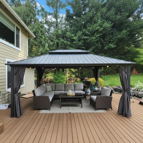 PURPLE LEAF Pergola de Jardin Extérieur Économique, Tonnelle Hardtop avec guirlande LED, Pavillon en Aluminium, Gazebo à Toit Double en Acier Galvanisé, Moustiquaire et Rideaux, 4.85 x 3.65 m, Gris