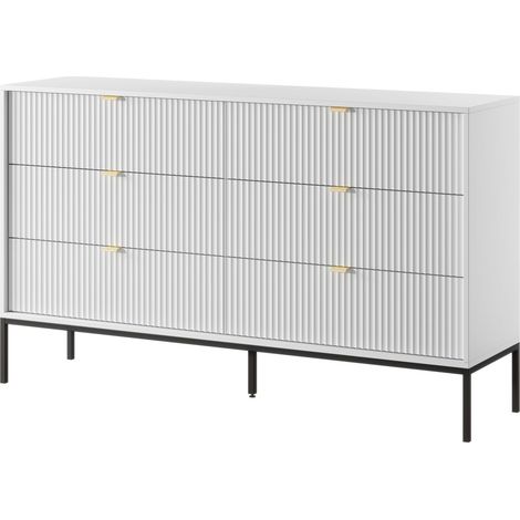 Commode 154 cm, 6 tiroirs, Blanc, poignées dorées, pieds noirs, 154 x 39 x 83 cm (1/5)