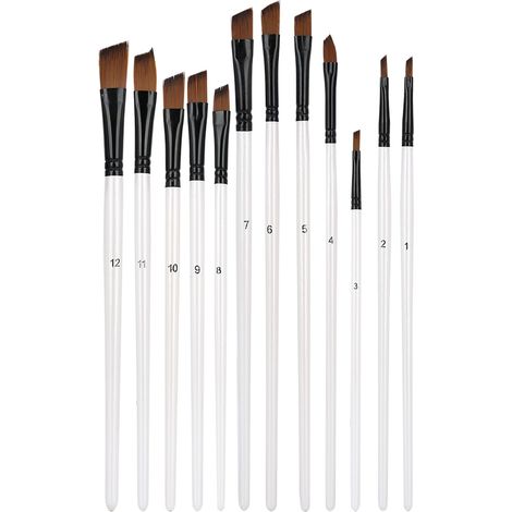 Lot de 12 pinceaux en nylon pour peinture, manche bois blanc perlé, forme oblique, fournitures dessin huile acrylique (1/5)
