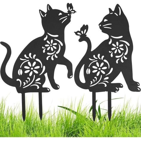 2 Metall-Gartenfiguren mit schwarzen Katzensilhouetten, Gartenstecker, Heimdekoration, Hof, Terrasse, Garten (1/4)