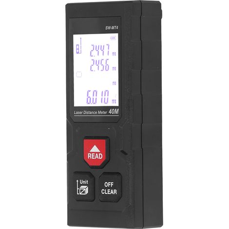 Télémètre laser portable avec lumière rouge, précision millimétrique et portée de 40 m.