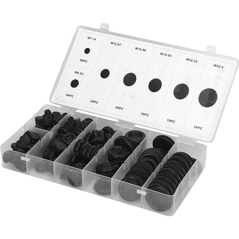 Lot de 170 anneaux de passage en caoutchouc noirs avec boîte, joints étanches pour câble électrique, gaines, tuyaux, 7 tailles (1/5)