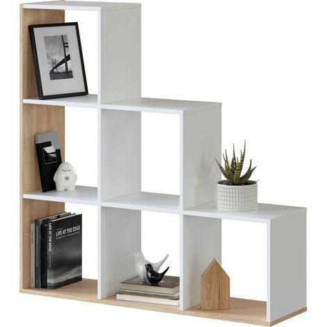Dekoratives Bücherregal 108x28x110 cm mattweiß und kanadische Eiche mit 6 Regalböden – Lier