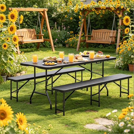 Salon de jardin pliable 8 à 10 places avec table et 2 bancs design robuste transportable stable métal HDPE extérieur (1/5)