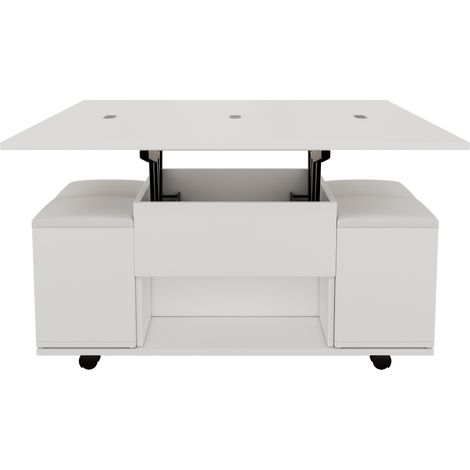 Table basse blanche multifonction réglable en hauteur avec espace de rangement, 100x50x48 cm, avec 4 tabourets et roulettes (1/5)