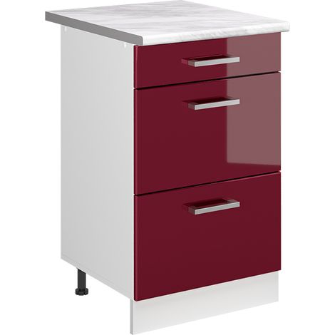 Mobiletto base per cucina R-Line, Rosso lucido/Bianco, 50 cm piano di lavoro Marmo, Vicco