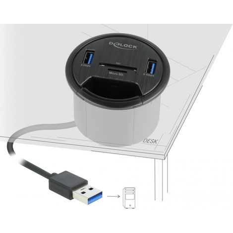 Hub USB 3.2 con 2 puertos + lector de tarjetas de empotrar