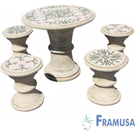 CONJUNTO COMEDOR PIEDRA CIRCULAR JARDIN MANGO ZAHAR PULIDO Y DECORADO OCRE