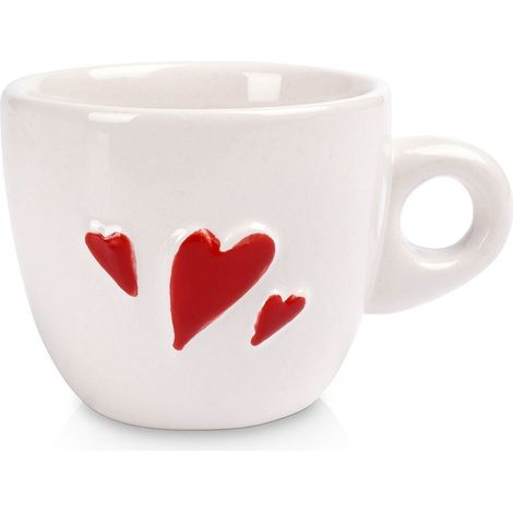 Tazzina da caffe in ceramica bianca con cuori rossi - lavabile in lavastoviglie (1/5)