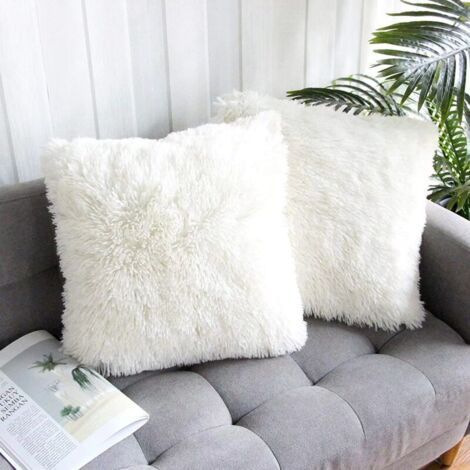 Set of 2 Faux Fur Cushion Covers, Fluffy and Soft, for Living Room, Sofa, Bedroom, Car, 45x45cm, White. (1/3)