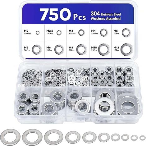 CCYKXA Pack of 750 stainless steel washers - Assortment of flat washers M2-M12 - Safety washers for door hinges - Oil drain plugs for hydraulic repair (1/5)
