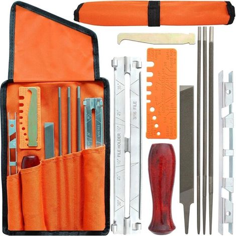 XEPHO Kit de 10 limes d'affûtage pour tronçonneuse - Kit de limes pour affûter les chaînes de tronçonneuse - Contient une lime ronde - Guide d'affûtage - Jauge de profondeur - Lime plate - Sac de cham (1/5)
