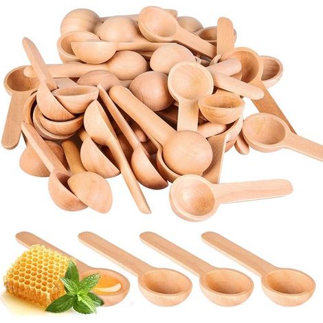 Cucharas pequeñas de madera - 100 unidades, ideales para cocinar, especias, miel y azúcar, perfectas para niños y tarros de mermelada (6,8 cm) (1/5)