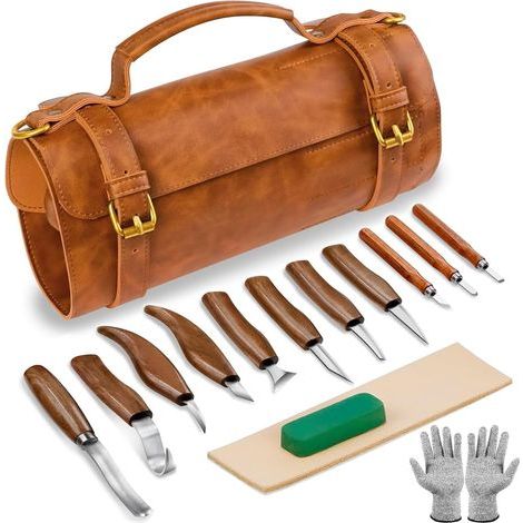 Kit de tallado de madera para principiantes, juego de 15 herramientas para tallar madera, bloques de madera de tilo para tallar, guantes, bolsa con ruedas, afilador para herramientas de tallado de mad (1/5)