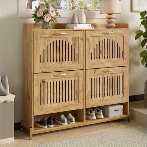 Scarpiera 108,5x24x100 cm con 4 ante a lamelle traforate, ripiano aperto, in MDF, naturale (1/5)