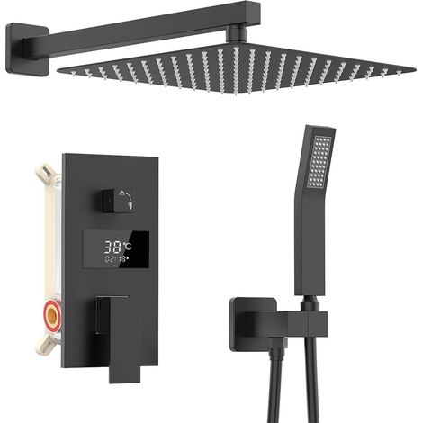 Duschsystem Schwarz Unterputz Duscharmatur Set inkl.30X30cm Kopfbrause, Duschsystem mit Temperatur LCD Display, Regendusche Schwarz, 200mm Handbrause, Messingkörper, 1.5m Brauseschlauch, 37cm Hoche (1/5)