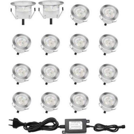 Lot de 16 Spots LED Encastrable pour Terrasse Bois, Etanche IP67, Spots à Encastrer Extérieur, 0,6W DC12V, Lumière Blanc, Kit Mini Lampe pour Chemin Contremarches d'escalier Plafond [Classe énergétiqu (1/5)