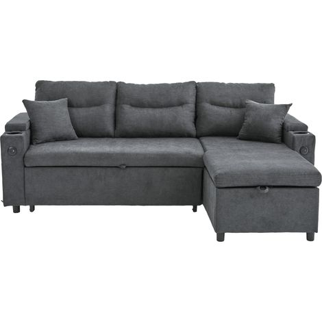 Sofá cama esquinero de 3 plazas en lino gris oscuro con arcón, portavasos y USB-C (1/5)