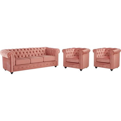 Canapé 3 places et 2 fauteuils CHESTERFIELD - Velours rose pastel (1/5)