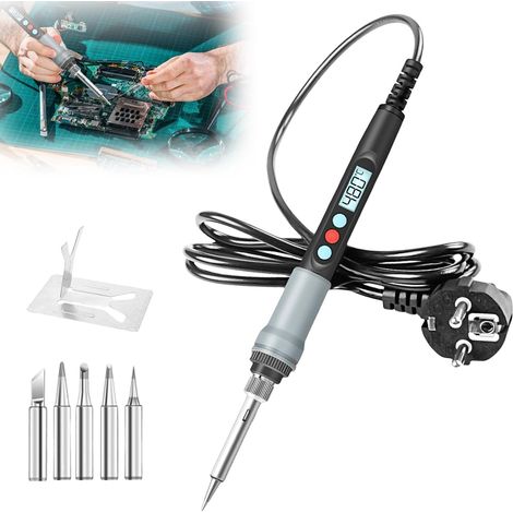 Lötkolben Set, 90W LED Lötkolben mit Einstellbare und Verriegelte Temperaturen 100℃-480℃, mit ON/OFF, 5 Lötspitzen, Lötkolbenständer, Lötkolben Digital mit automatischem Schlafmodus für die Löten (1/5)