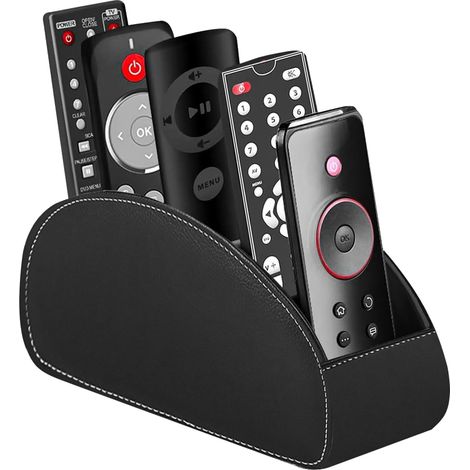 Soporte para mando a distancia con 5 bolsillos: almacenamiento para mando a distancia, cuadernos, material de oficina, bolígrafos, teléfono móvil - Negro