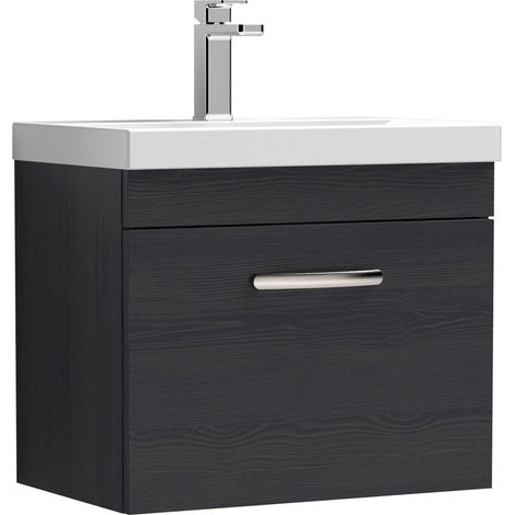 Nuie Athena Charcoal Black Woodgrain 600mm Wall Hung Single Drawer Vanity Unit and Thin Edge Ceramic Basin - ATH040D (1/5)