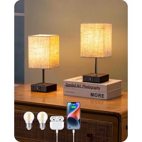 Lot de 2 Lampe de Chevet Tactile, Ports USB-A et USB-C, Ampoule LED E27 Incluse, 3 Intensités, Abat-jour Beige pour Chambre et Salon (1/5)