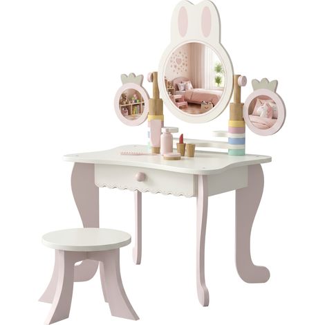 Vanity Table Pour Filles Avec Tabouret, Coiffeuse Enfant 3 Ans Miroir Acrylique Incassable Et Tiroir Rangement, Jouet (1/5)
