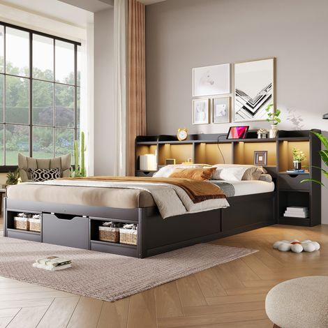 Letto matrimoniale 140x200 cm nero in MDF con LED e contenitori salvaspazio – MEUBLIV (1/5)