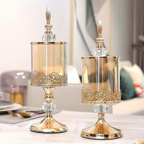 Élégant bocal à bonbons européen avec couvercle, conteneur de rangement transparent en métal pour salon, table basse, décoration raffinée. (1/5)