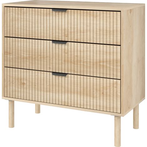 Commode Nordique Roble 80x40x77.5 cm Tiroirs Panneaux Cannellés Poignées Métal (1/5)