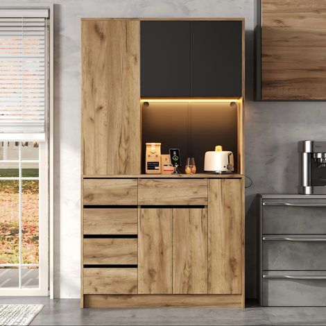 Aparador de cocina de 105 x 40 x 185 cm - Mueble grande de almacenamiento con estante deslizante para especias, LED y enchufes - Negro y natural (1/5)