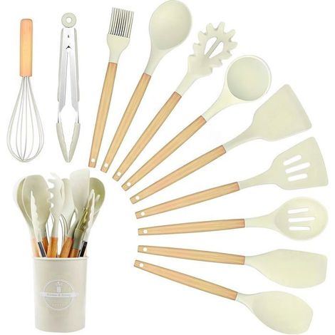 12 pièces ustensiles cuisine silicone, manche bois, résistant chaleur, antiadhésif, lot complet pour cuisine moderne (1/5)