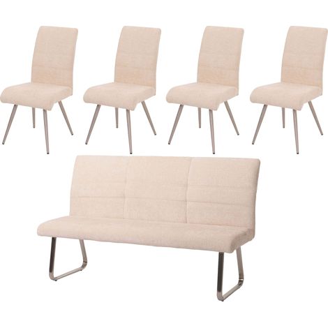 Esszimmer-Set HHG-221, 4er-Set Stuhl + Sitzbank 180cm, Edelstahl gebürstet Stoff/Textil Chenille creme