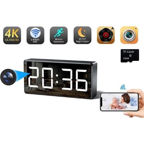 Mini caméra d'horloge de Sécurité WiFi 4K HD avec une application intelligente et détection de Mouvement + Carte micro TF SD 128 G