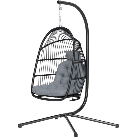Fauteuil suspendu en forme d'œuf avec support, panier pliable, coussin et appui-tête pour une utilisation intérieure et extérieure, capacité de charge de 150 kg, gris (1/5)
