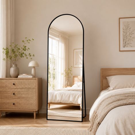 Miroir Plein Corps 177x77 cm, Arqué, Sur Pied & Mural, Support, Chambre Entrée Salon, Noir