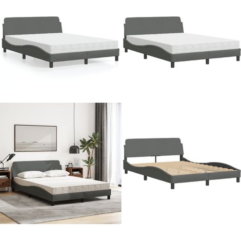 Lit avec matelas gris foncé 140x190 cm tissu - Lit Double - Lit Plateforme - Lit Design - Literie - Sommier Tapissier - Home & Living (1/5)
