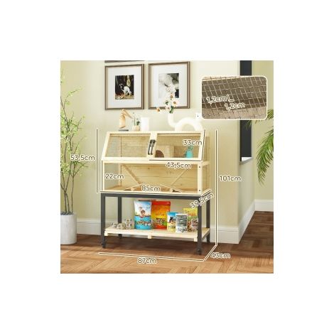 Cage pour hamster nain en bois naturel avec étagère, biberon, cabane, rampes et roues pour chambre, salon et maison (1/5)