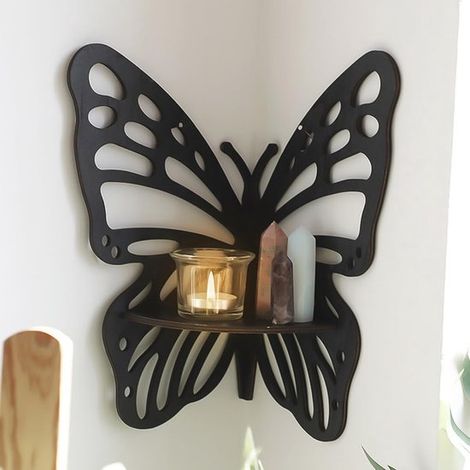 Estantería de esquina, Estantería flotante de pared de madera con forma de mariposa, Decoración de pared multifuncional, Color negro, 1 pieza (1/5)
