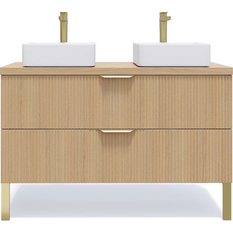 Meuble de salle de bain suspendu 2 vasques à poser 120cm 2 tiroirs Chêne cannelé - Venice (1/5)