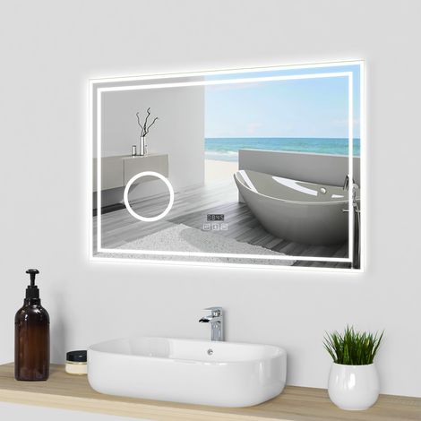 Ducha Casa Espejo de baño con led , rectangular, 80 x 60 cm, luz con 3 colores, función bluetooth ,reloj electrónico,lupa 3x, antivaho, brillo ajustable, función de memoria agapada.