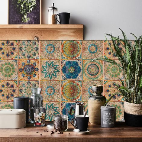 Lot de 24 autocollants pour carrelage mural en mosaïque - En PVC - Maroc - Papier peint autocollant imperméable - Pour cuisine, armoire, meubles, table (1/5)