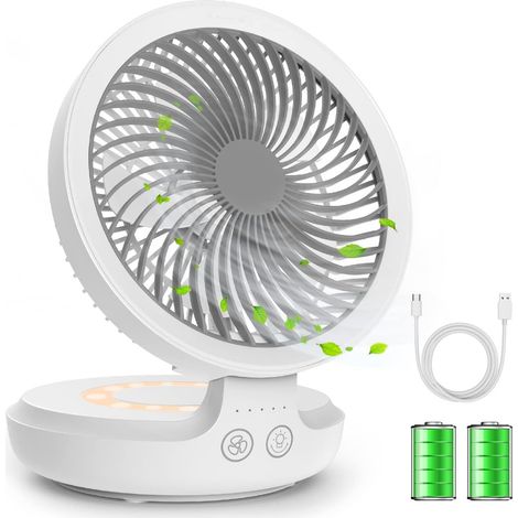 USB Desk Fan, Rechargeable Portable Silent Table Fan with Night Light, Foldable Personal Cooling Fan with 4 Speeds for Home