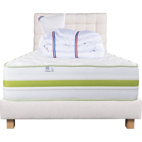 Ensemble Matelas Rêverie, 30 cm, mousses haute densité, ferme, face été/hiver+sommier beige ep20cm+oreiller+couette+Tête de Lit, 90x190cm (1/5)
