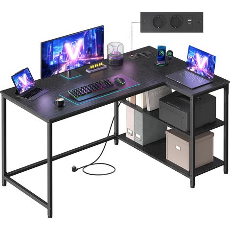 Bureau Gaming en L, Bureau avec Rangement, Étagères Réversibles à Hauteur Réglable, pour Domicile, avec Prises de Courant et 2 Ports USB, 120 x 80 cm, Noir Boisé LWD132BE01 (1/5)