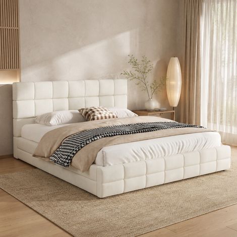 Cama plataforma capitoné 180x200 cm de terciopelo beige con cabecero, OKWISH (1/5)