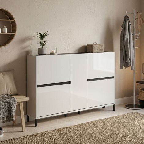 Scarpiera Madi, Mobile Portascarpe un Ripiano, 10 Paia Made in Italy, 25x169x94h cm Bianco Lucido (1/5)